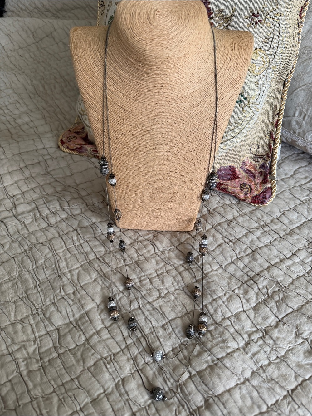 Long Layered Beaded Necklace in Black and Silver